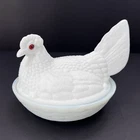Antique Milk Glass Large Nesting Chicken Hen on Basket Covered Dish 7" x 5.5"
