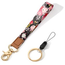 Wrist Lanyard for Keys, Cute Wrist Strap Lanyard, Key Chain Black Flower