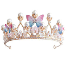 Girls Tiara Butterfly Princess Crown Gold Pearl Headband Rhinestone Hairpiece