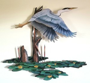 Details About Great Blue Heron Flying Pond Cattails Wall Art Sculpture By Bovano 15x 17