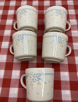 Set Of 5 Vintage Corning Corelle Coffee Cups Symphony Blue Ribbon Flowers Mugs