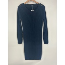 "NWT"Nautica Long Sleeve Navy Blue Cable Knit Sweater Dress Gold Button Accent-M