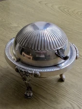 Antique F.B Rogers silver plate domed roll top caviar/butter dish lion feet 