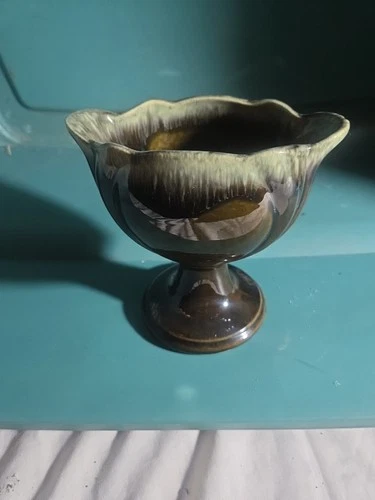 Mid-Century Dark Green Drip Glaze Pedestal Hull Planter Vase