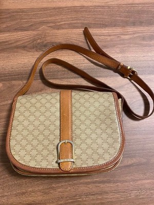 Celine Monogram Canvas Leather Shoulder Bag Beige Brown