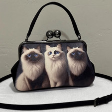 Unique Cats Print Pebble Cowhide Handmade Large Ball Kisslock Handbag, Multi Use