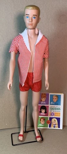 VTG 1964-69 Mattel Ken Doll Painted Hair ~ Trunks Jacket Stand Sandals Booklet