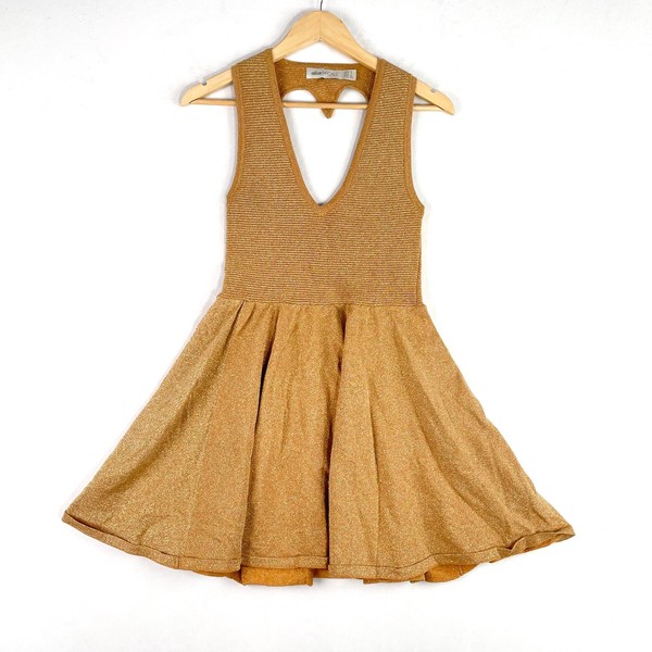 Alice McCall Fit & Flare Mini Dress Size 6 Gold Knit Sleeveless Cutout Cocktail