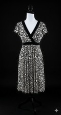 Maggy London Polka Dot Jersey Faux Wrap Dress Size 10 Black Ivory Midi Workwear