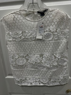 NWT French Connection White Floral Lace Cap Sleeve Blouse XS Sheer Crochet
