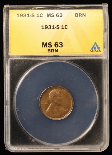 1931-S 1C Lincoln Wheat Cent ANACS MS 63 Brown