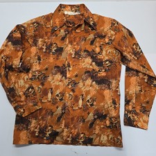 Vintage Kings Road Sears Men Orange Brown Abstract Print Disco Shirt Large 70s