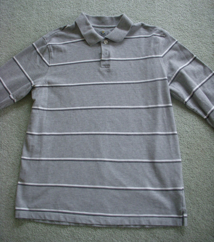 Men's Large Gray Long Sleeve Polo with White and Gray Stripe Cotton 
