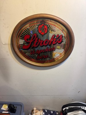 Vtg Stroh s Is Spoken Here Beer Sign Reflective Mirror 18.5 x 21.5 Oval Bar