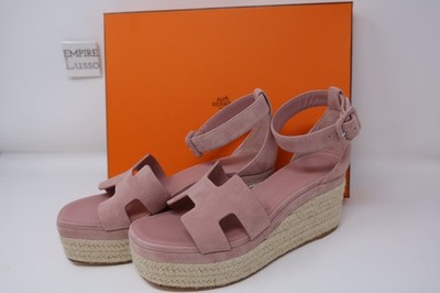 38 NEW HERMES ELDA ESPADRILLE WEDGE HEEL SANDALS Rose Aquarelle