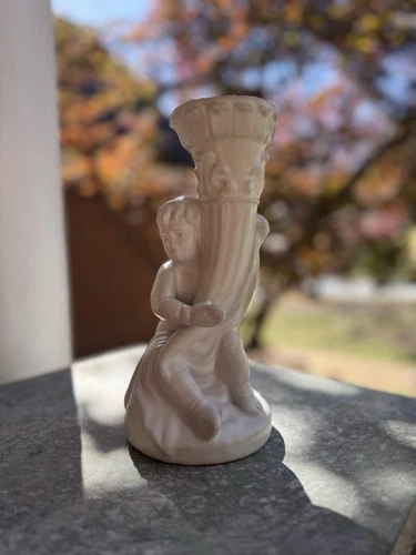 Van Briggle White 9" Figural Boy & Cornucopia Bud Vase