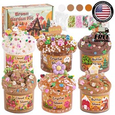 6 Pack Brown Slime Kit - Cloud, Butter Clear Slimes with Garden Add-ins - 360m