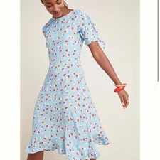 Faithful The Brand Dress Womens 6 Blue Floral Erin Midi Ruffle Peasant Cottage