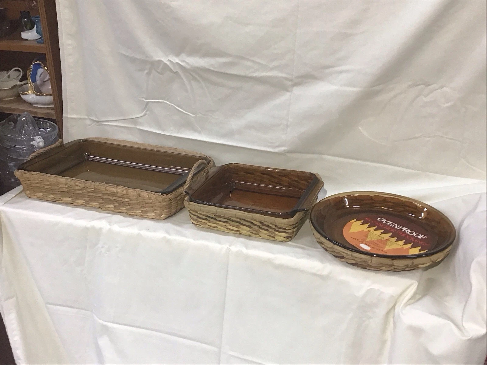 6 Pc Brown Amber Anchor Hocking Pyrex Baking Set 3 Baskets Pie Plate Cake Pan