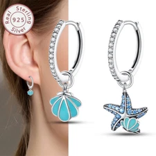 KUNSIR 925 Sterling Silver Starfish Shell Drop Hoop Earrings Luminous Asymmetric