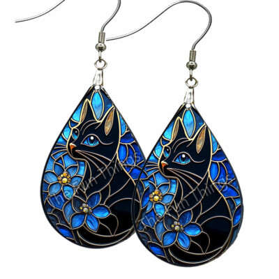 Blue Floral Black Cat Earrings Teardrop NO TARNISHING Wood Faux Stained Glass