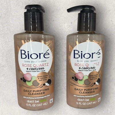 2 x Biore Rose Quartz + Charcoal Daily Purifying Oil Free Facial Cleanser 5 oz