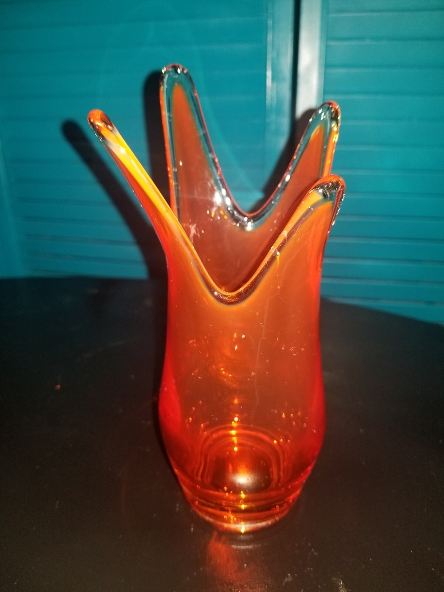 Rare Mid Century Viking Glass Persimmon Orange 4 Finger Swung