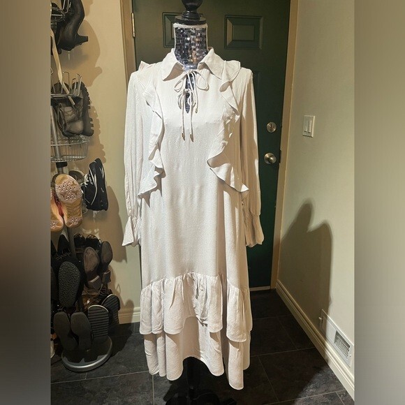 Mango taupe western midi ruffle dress | eBay