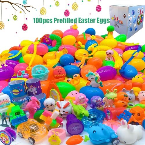 100 Pcs Prefilled Easter Eggs Filled with Novelty Toys,Bright Colorful