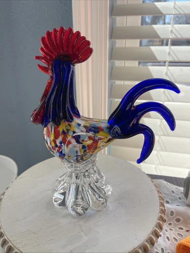Vintage Murano Rooster Chicken Cobalt Blue Confetti Studio Art Glass  8"