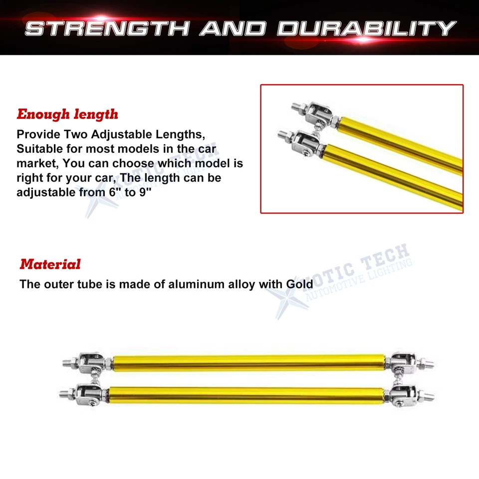 Gold 6"-9" Bumper Lip Splitter Rod Strut Tie Bars For Ford Focus Mustang Fusion - Image 4 of 4