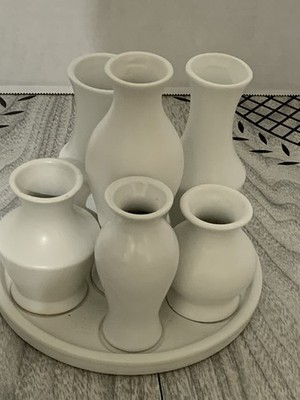 6 White Ceramic Bud Flower Vases, Cluster Set w/ Round Attached Base Tray