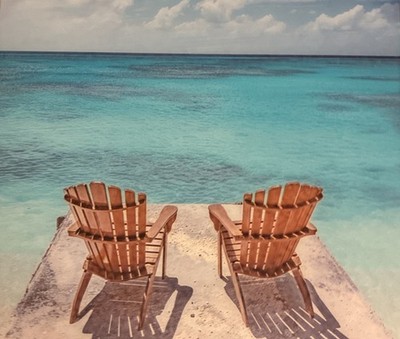 Framed Beach Ocean Print, Two Wooden Chairs Overlooking Blue Water, Horizontal