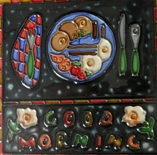 Kitchen hand painted ceramic art tile coaster 4 x 4 inches with back
