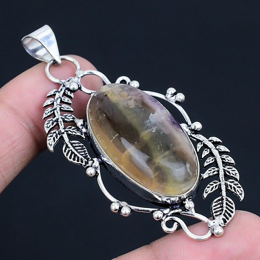 Fluorite Gemstone Handmade 925 Sterling Silver Jewelry Pendant 2.68