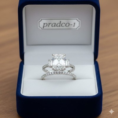 5 kt strahlender Smaragd Seite Moissanit Braut Ehering 14 Karat Weißgold plattiert