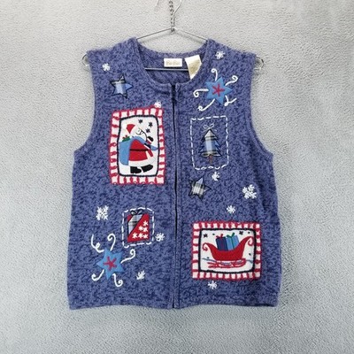 Bobbie Brooks Vest Womens M Blue Snow Winter Santa Christmas Cottage Grandma