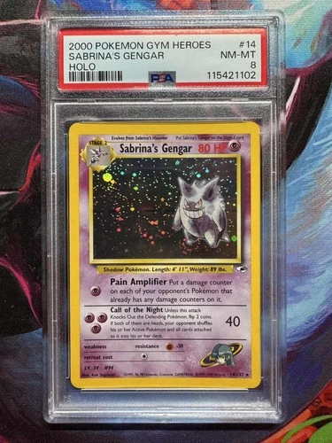 2000 POKEMON GYM HEROES HOLO #14 SABRINA'S GENGAR PSA 8 SWIRL