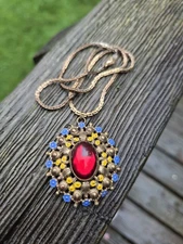 Vintage Red Glass Cabochon Enamel Pendant Necklace Gold Tone Victorian Revival