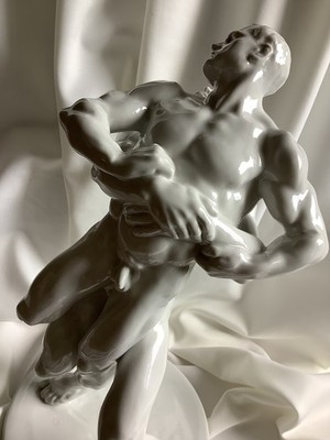 Antique 1936 Berlin Signed Wrestler Fight Herend Porcelain Nude Male Man Hungary