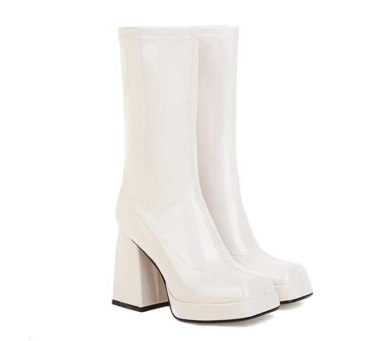 Fashion Square Toe Women Mid-Calf Side Zipper Boots Square
