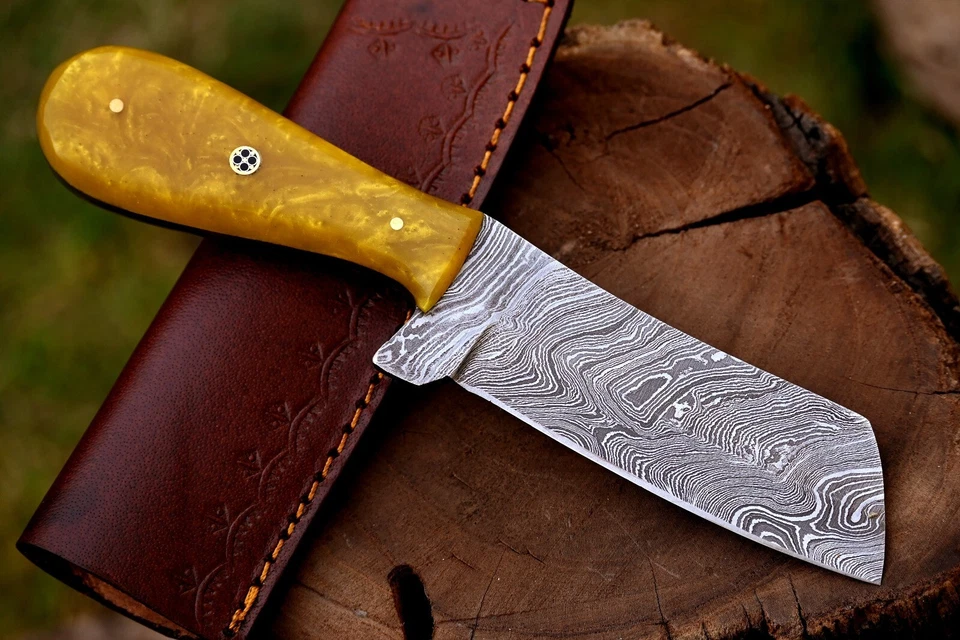 定制手工大马士革钢皮刀狩猎露营生存 EDC- N-28 — 第 2/4 张图片