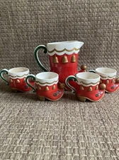Lot Of 5 NAPCO Christmas Boots Elf Shoes Red Gold 1-Pitcher  & 4 Cups 1950’s