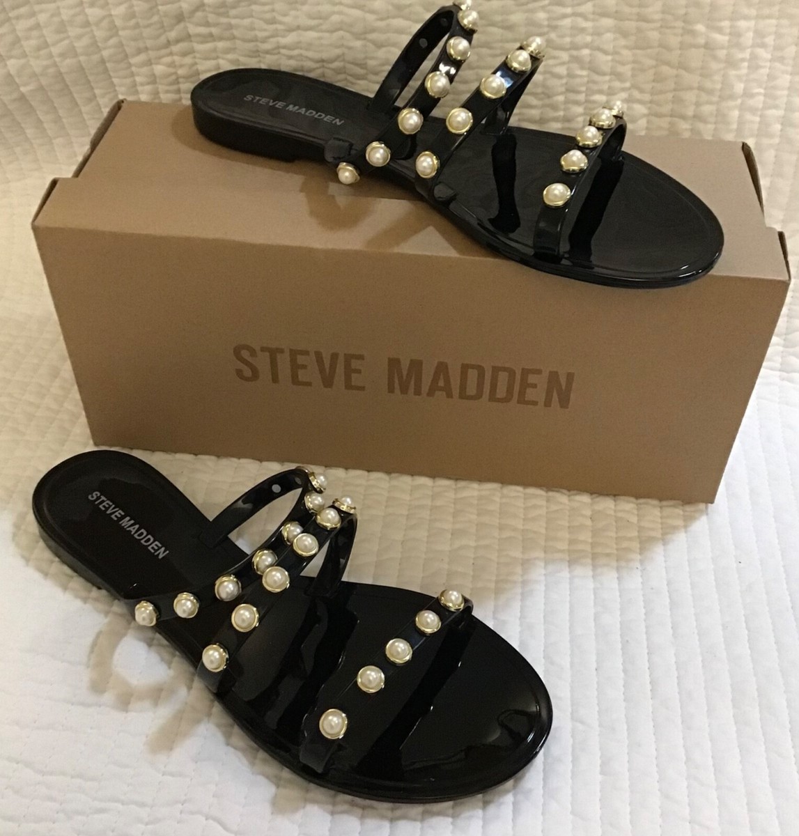 STEVE MADDEN YALSA SLIP ON BLACK PEARL EMBELLISHED STRAP SANDAL