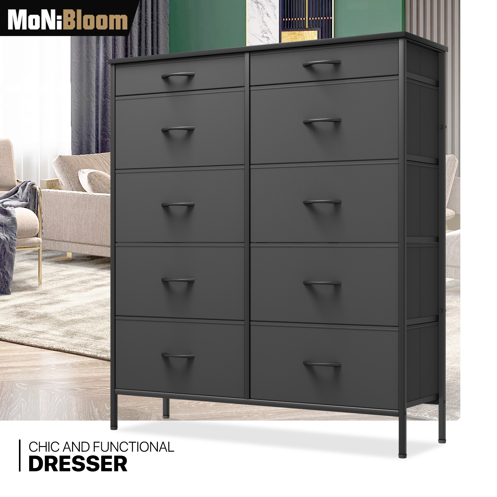 Drawers Dresser Fabric Chest of 10 Double Drawers Clothing Storage Organizer Bin