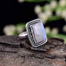 Rainbow Moonstone Ring, Sterling Silver Rings for Women, Boho Simple Ring SB-162