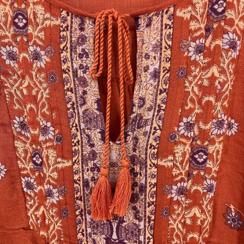Blusa donna marca Lucky taglia XL arancione floreale bohemien nodo nappa - Foto 5 di 10