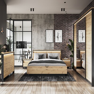 Schlafzimmer-Set QUANT-2 Doppelbett Nachttische Kleiderschrank LED Loft 5-teilig