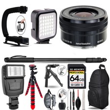 Sony E PZ 16-50mm f/3.5-5.6 Video Kit Slave Flash Monopad -64GB Accessory Kit