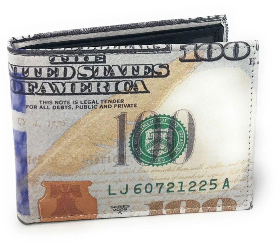 USA $100 One Hundred Dollar Bill Print Men's Leather Bifold Novelty Wallet - Image 3 of 4